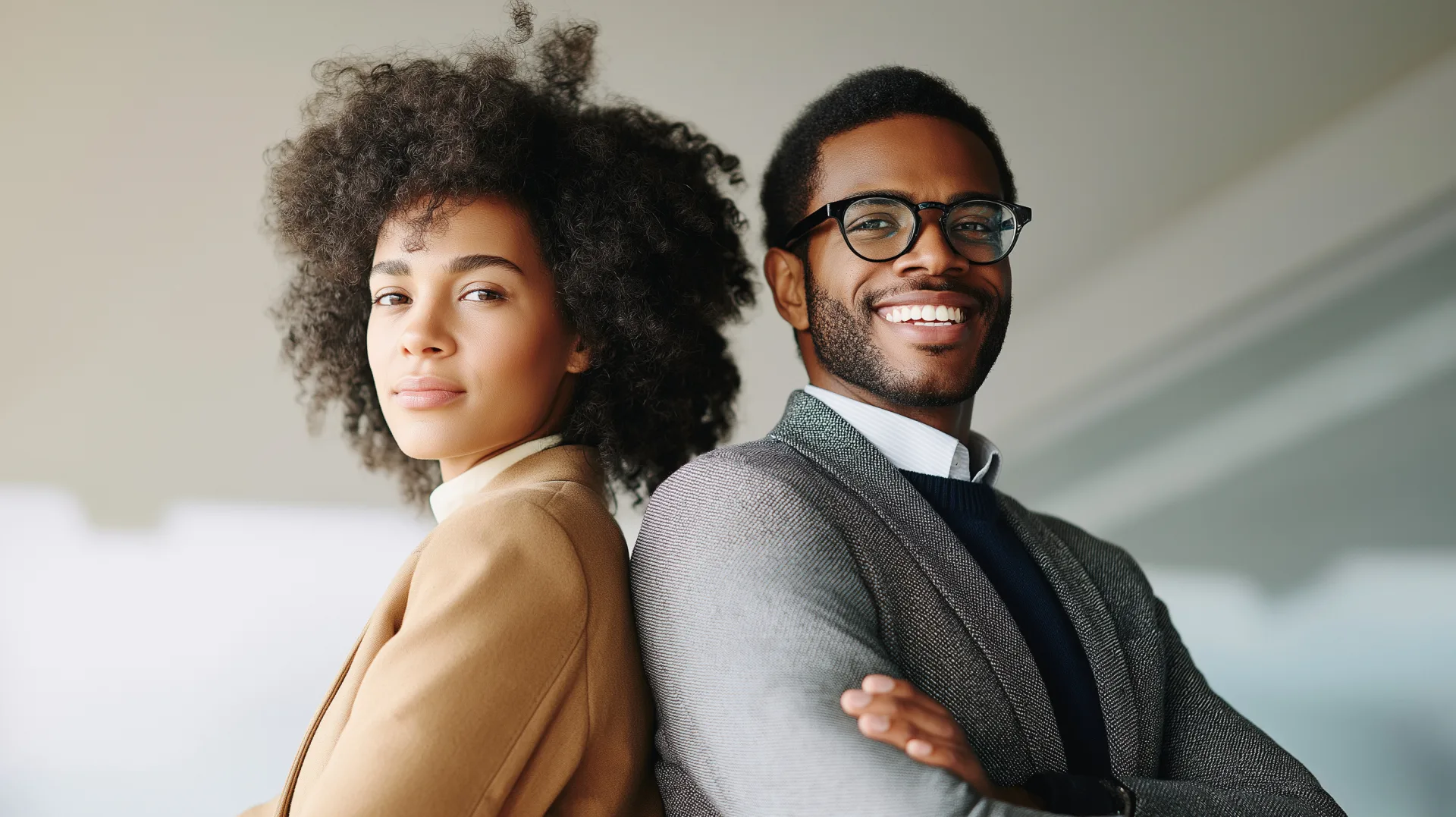 Two professionals in business casual stand back to back, one smiling at the camera in a bright office.