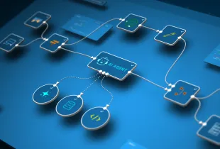AI agent workflow diagram showing interconnected nodes for automation; data; and code tools on a blue digital canvas.