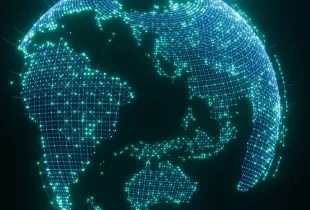Illustration of a wireframe globe whose continents are drawn as glowing connected network nodes.