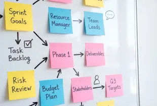 Whiteboard covered in color-coded sticky notes mapping sprint goals; task backlog; Phase 1 deliverables; stakeholders; budget plan; and Q3 targets.